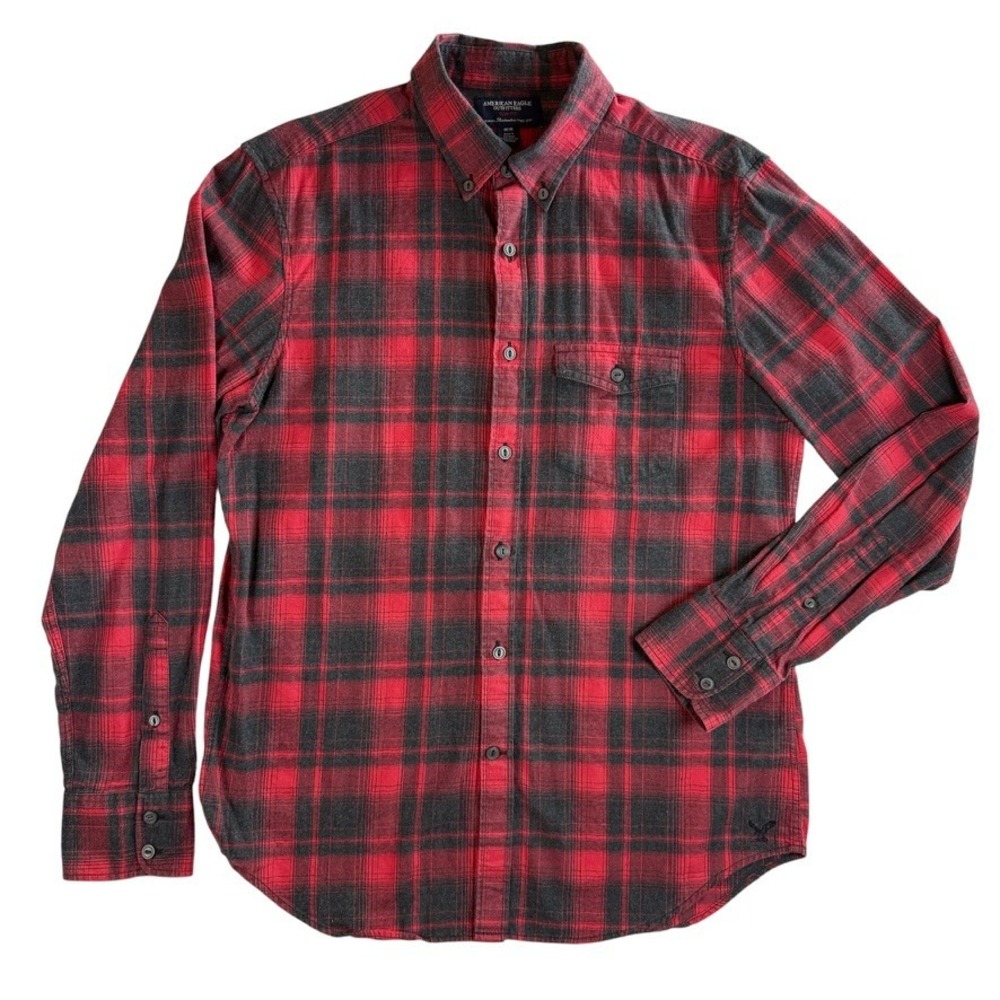 American Eagle Buffalo Plaid Shirt Mens Medium Red Charcoal Slim Fit Long Sleeve